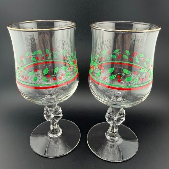 Libbey Other - 2 Vintage Libbey Arby's Christmas Holly Berry Wine Glasses, Bow Stem, Gold Rim